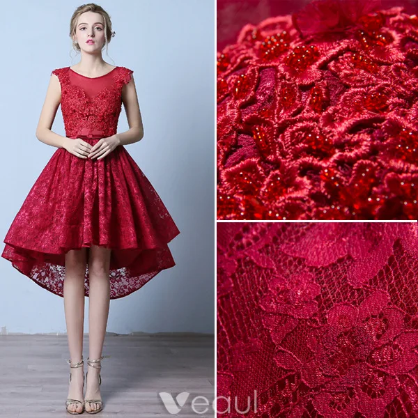 Elegant Cocktail Dresses 2016 Scoop Neck Applique Lace Asymmetrical Short Dress With Beads