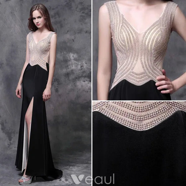 Glitter Evening Dresses 2016 Mermaid V-neck Sleeveless Beading Rhinestone Split Front Black Long Dress