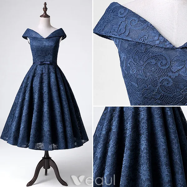 Elegant Party Dresses 2016 A-line V-neck Tea Length Navy Blue Lace Dress