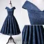 Elegant Party Dresses 2016 A-line V-neck Tea Length Navy Blue Lace Dress