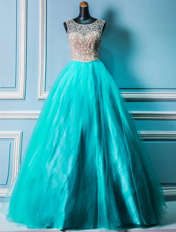 Luxury Prom Dresses 2016 Scoop Neck Beading Rhinestone Pool Blue Tulle Prom Dress