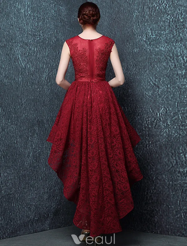 Elegant Cocktail Dress 2016 Scoop Neck Asymmetrical Burgundy Lace Cocktail Party Dress