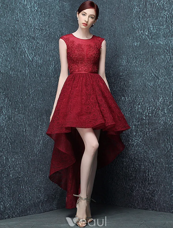 Elegant Cocktail Dress 2016 Scoop Neck Asymmetrical Burgundy Lace Cocktail Party Dress