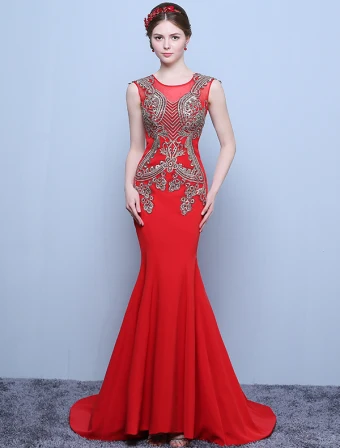 Belles Robes De Soirée 2016 Scoop Sirène Cou Appliques De Dentelle D Or Longue Robe Rouge