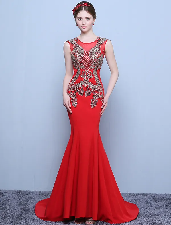 Piękne Suknie Wieczorowe 2016 Syrena Wycięciem Aplikacja Złota Koronka Długa Czerwona Suknia