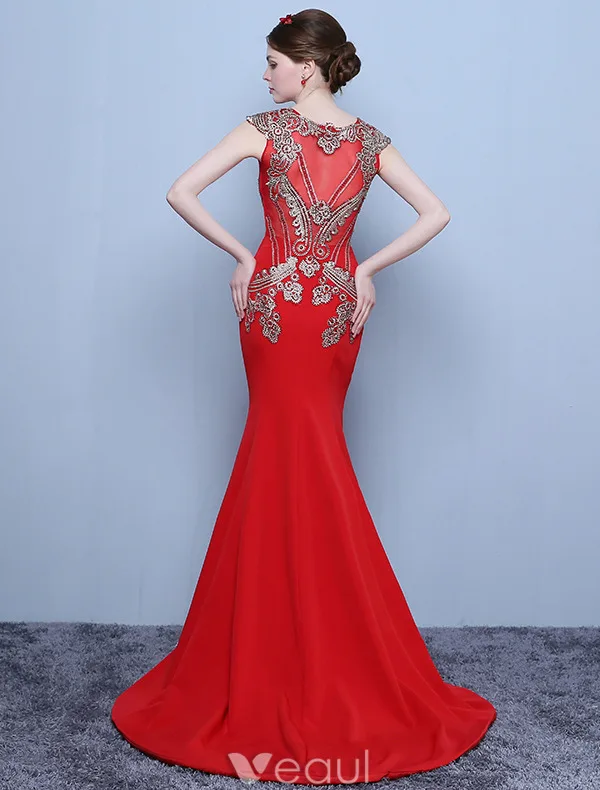 Beautiful Evening Dresses 2016 Mermaid Scoop Neck Applique Gold Lace Red Long Dress