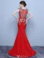Beautiful Evening Dresses 2016 Mermaid Scoop Neck Applique Gold Lace Red Long Dress