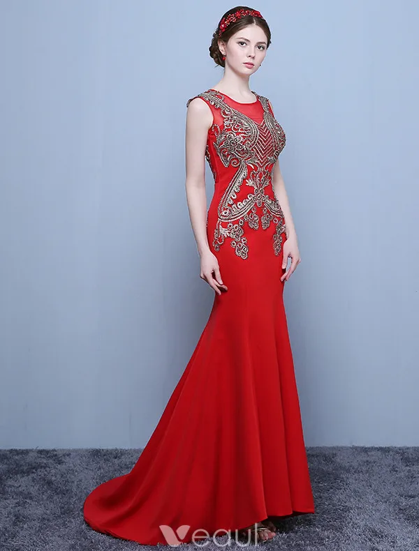 Beautiful Evening Dresses 2016 Mermaid Scoop Neck Applique Gold Lace Red Long Dress