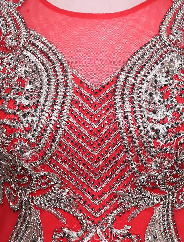 Beautiful Evening Dresses 2016 Mermaid Scoop Neck Applique Gold Lace Red Long Dress