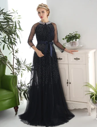 Vintage Evening Dresses 2016 Sequins Neck Beading Rhinestones Navy Blue Tulle With Bow Strap Sash