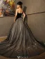 Stunning Prom Dresses 2016 Strapless Black Tulle Mix Champagne Tulle Formal Gown With Applique Lace Flowers