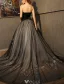 Stunning Prom Dresses 2016 Strapless Black Tulle Mix Champagne Tulle Formal Gown With Applique Lace Flowers