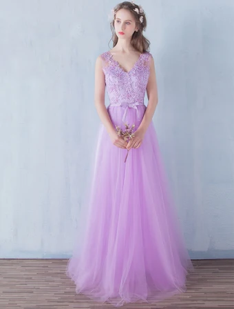 Robes De Demoiselle D Honneur Élégant 2016 Une Ligne V Cou Robe De Dentelle Appliqué Longueur De Plancher De Tulle Lilas