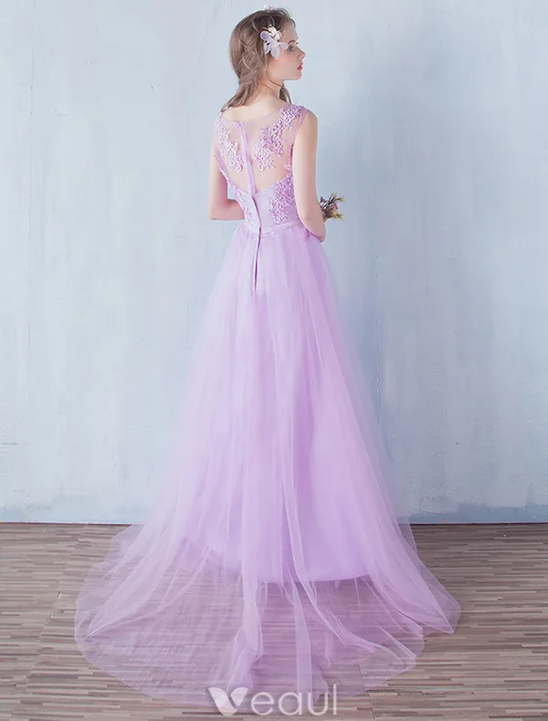 Elegant Bridesmaid Dresses 2016 A-line V-neck Applique Lace Lilac Tulle Floor Length Dress