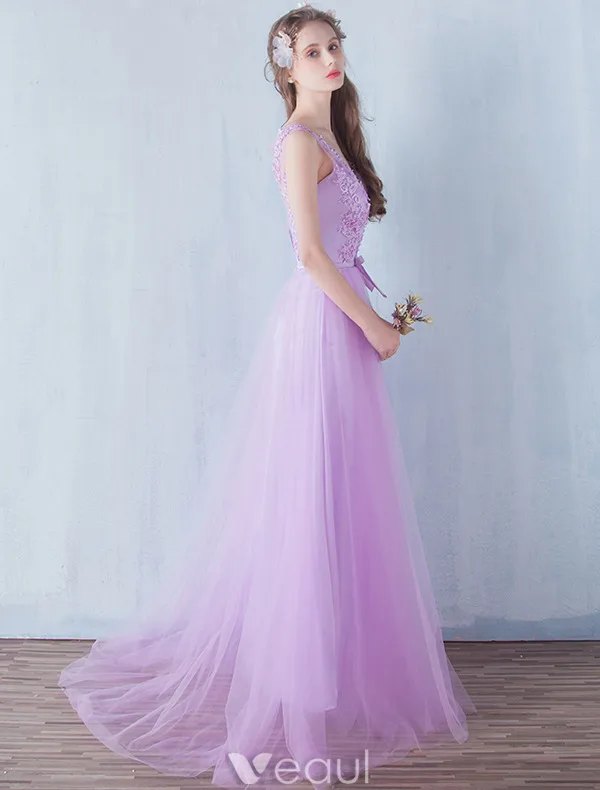 Elegant Bridesmaid Dresses 2016 A-line V-neck Applique Lace Lilac Tulle Floor Length Dress