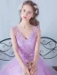Elegant Bridesmaid Dresses 2016 A-line V-neck Applique Lace Lilac Tulle Floor Length Dress