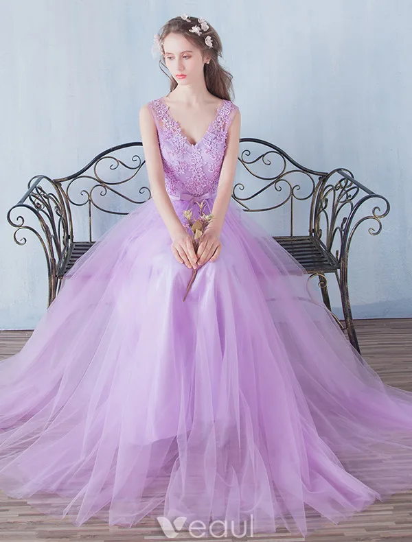 Elegant Bridesmaid Dresses 2016 A-line V-neck Applique Lace Lilac Tulle Floor Length Dress
