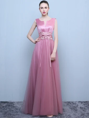 Beautiful Evening Dresses 2016 A Line Scoop Neck Lace Sash Candy Pink Backless Dress
