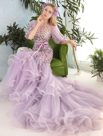 Stunning Prom Dresses 2016 Mermaid Scoop Neck Applique Flowers Ruffled Organza Prom Dress