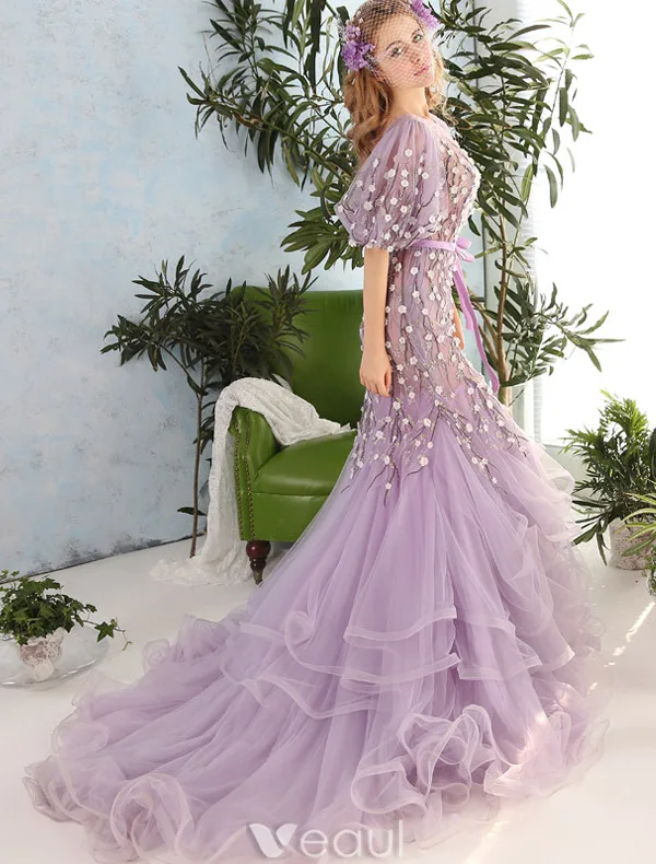 Stunning Prom Dresses 2016 Mermaid Scoop Neck Applique Flowers Ruffled Organza Prom Dress