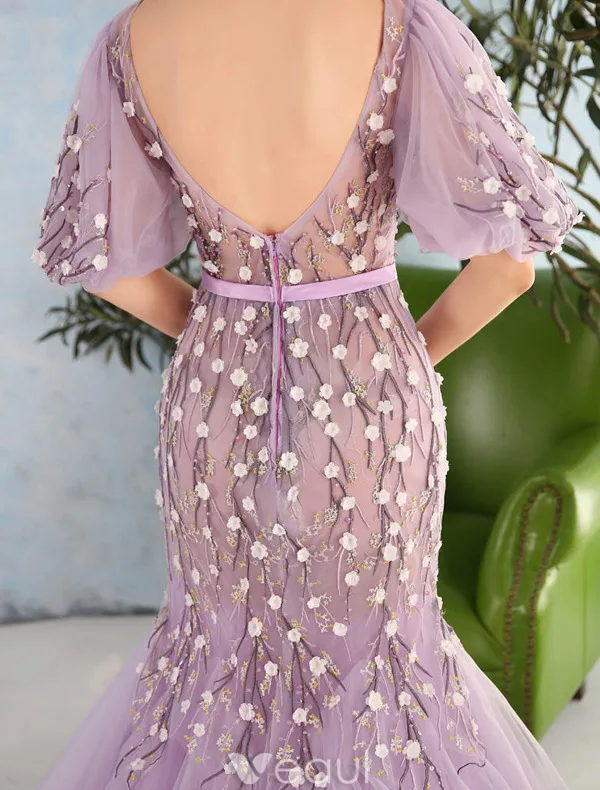 Stunning Prom Dresses 2016 Mermaid Scoop Neck Applique Flowers Ruffled Organza Prom Dress