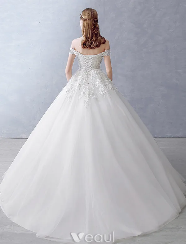 Robes De Mariée Élégantes 2016 Robe De Bal De L'épaule Perles Perles Appliques De Dentelle Dos Nu Robe De Mariée