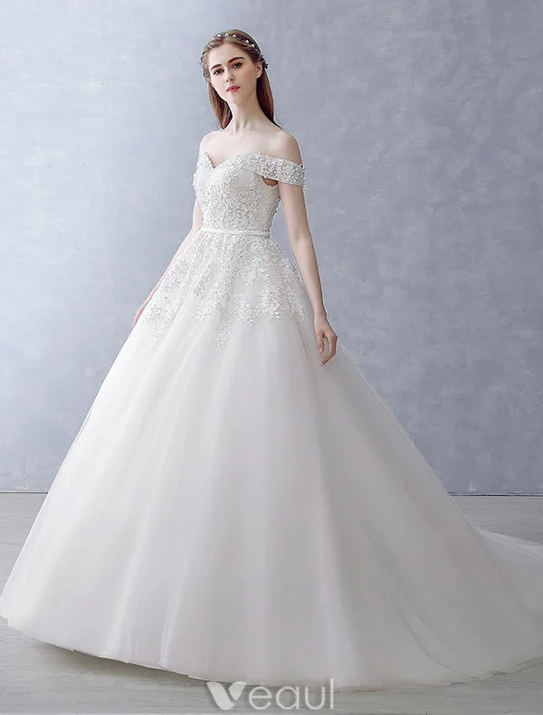 Robes De Mariée Élégantes 2016 Robe De Bal De L'épaule Perles Perles Appliques De Dentelle Dos Nu Robe De Mariée
