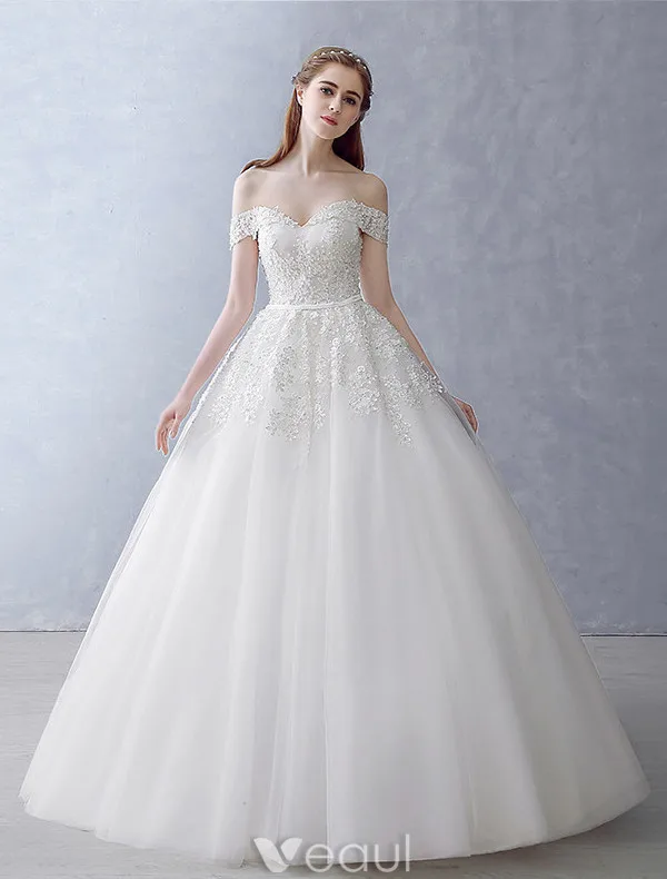 Robes De Mariée Élégantes 2016 Robe De Bal De L'épaule Perles Perles Appliques De Dentelle Dos Nu Robe De Mariée