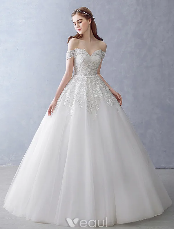 Robes De Mariée Élégantes 2016 Robe De Bal De L'épaule Perles Perles Appliques De Dentelle Dos Nu Robe De Mariée