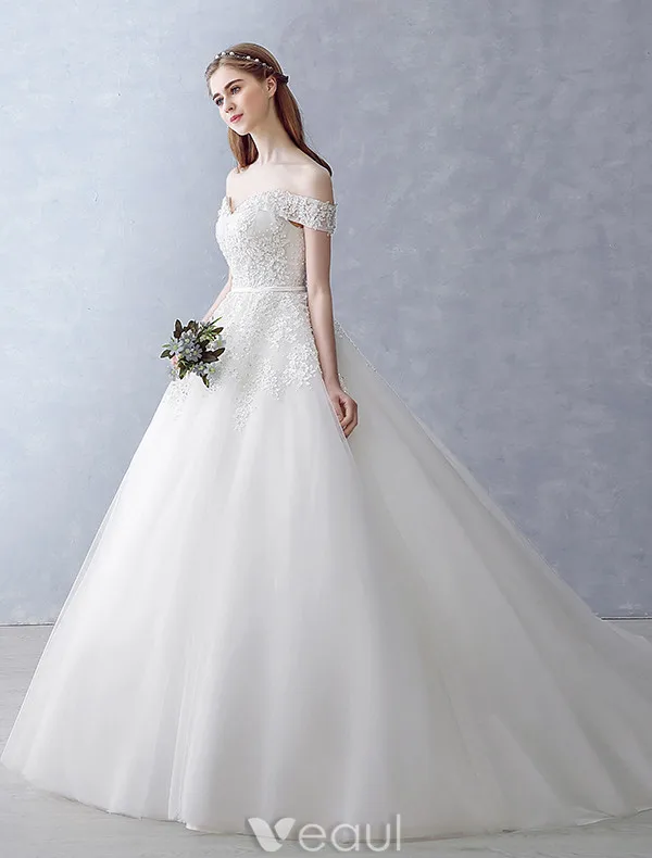 Robes De Mariée Élégantes 2016 Robe De Bal De L'épaule Perles Perles Appliques De Dentelle Dos Nu Robe De Mariée