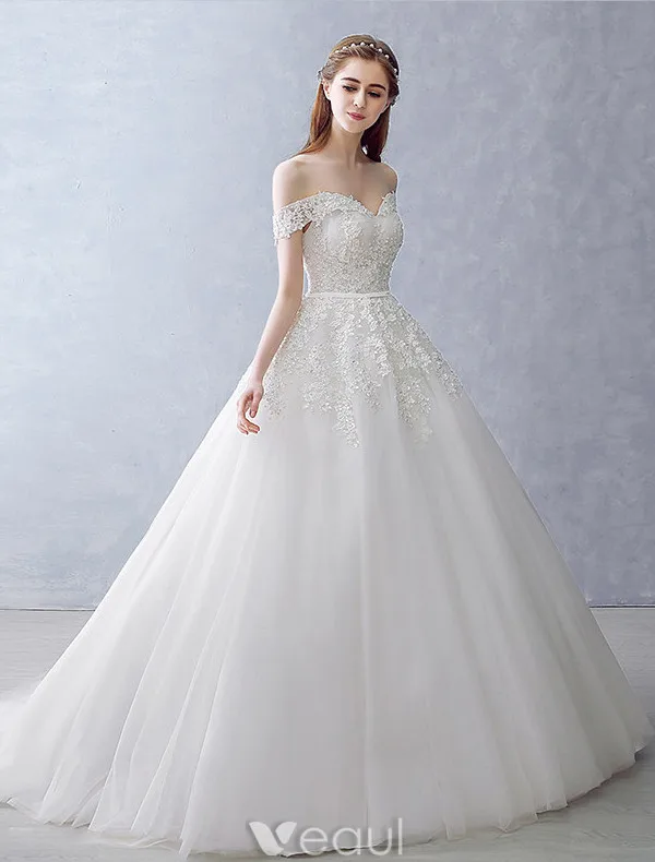 Robes De Mariée Élégantes 2016 Robe De Bal De L'épaule Perles Perles Appliques De Dentelle Dos Nu Robe De Mariée