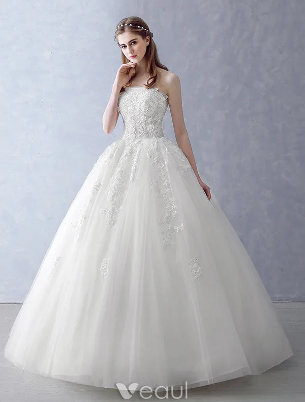 Elegant Wedding Dresses 2016 Ball Gown Strapless Applique Lace Ruffle Tulle Bridal Gown With Shawl