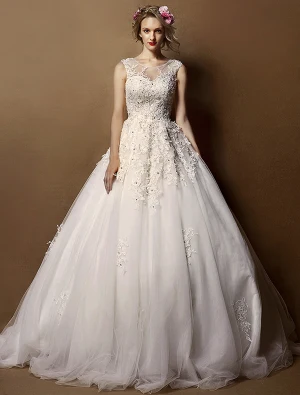Robe De Mariée Élégantes 2016 Encolure Dégagée Une Ligne De Haute Qualité Dentelle Appliqué À La Main Robe De Mariée