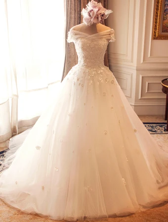 Stunning Wedding Dresses 2016 Ball Gown Off The Shoulder Applique Flowers Ivory Bridal Gown