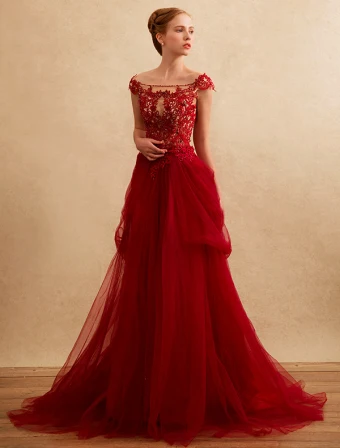 Beautiful Evening Dresses 2016 A Line Square Neck Beading Applique Lace Ruffle Tulle Burgundy Long Dress