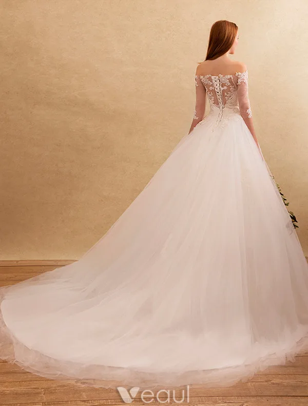 Elegant Wedding Dresses 2016 Off The Shoulder Beading Applique Lace Ruffle Tulle Backless Bridal Gown