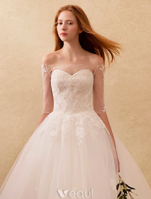 Elegant Wedding Dresses 2016 Off The Shoulder Beading Applique Lace Ruffle Tulle Backless Bridal Gown