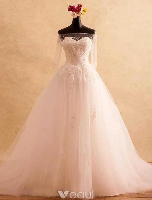 Elegant Wedding Dresses 2016 Off The Shoulder Beading Applique Lace Ruffle Tulle Backless Bridal Gown