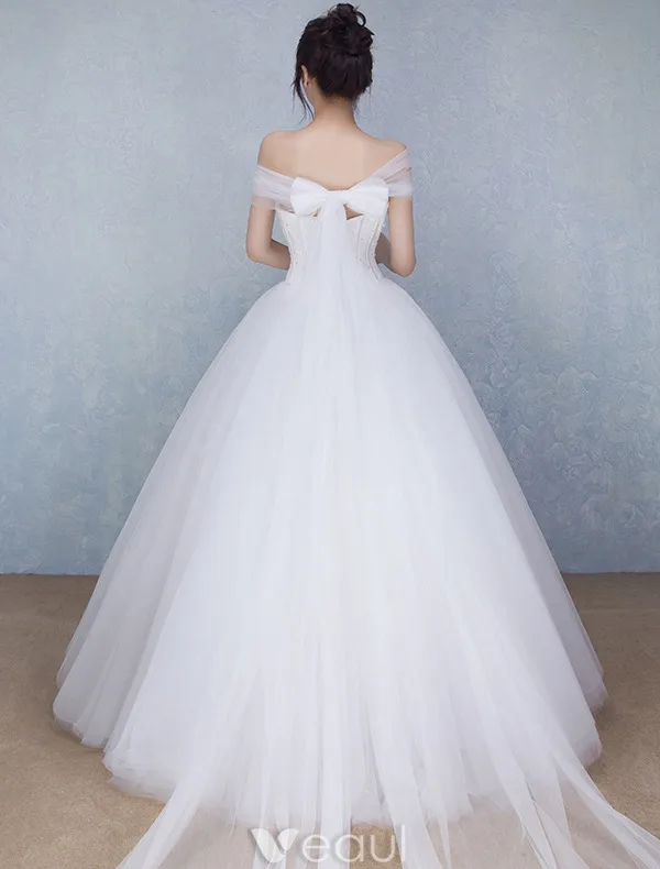 Beautiful Wedding Dresses 2016 Ball Gown Off The Shoulder Long Tulle Bowknot Corset Bridal Gown