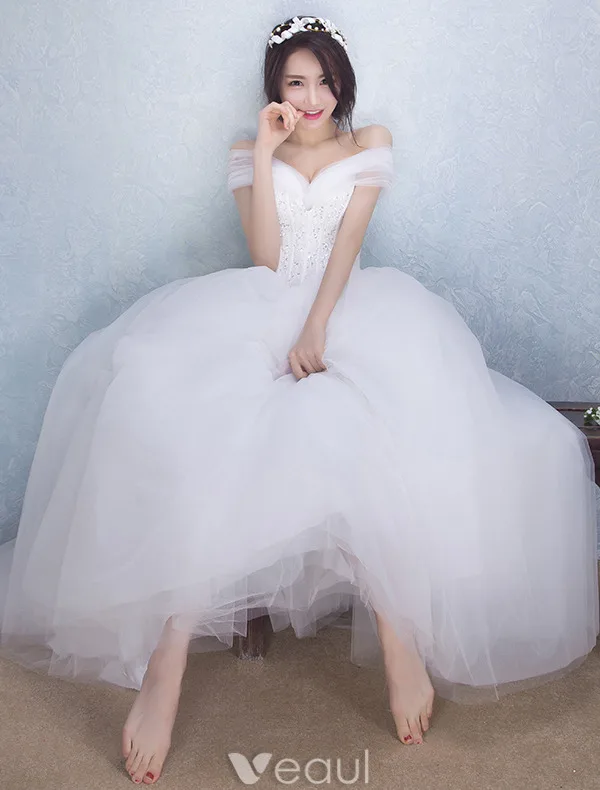 Beautiful Wedding Dresses 2016 Ball Gown Off The Shoulder Long Tulle Bowknot Corset Bridal Gown