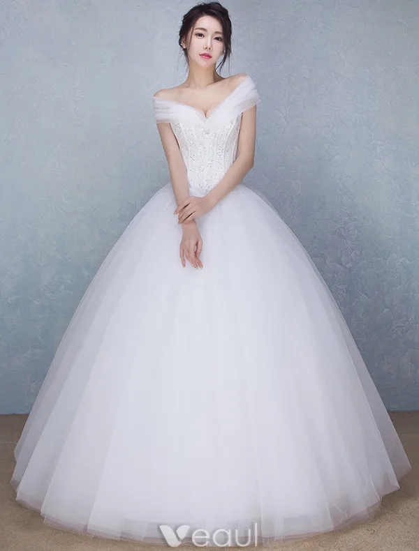 Beautiful Wedding Dresses 2016 Ball Gown Off The Shoulder Long Tulle Bowknot Corset Bridal Gown