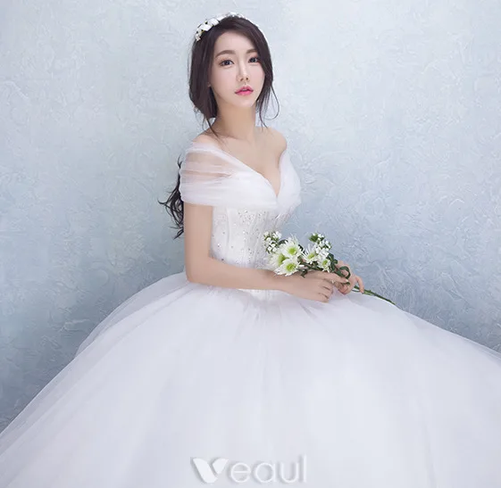 Beautiful Wedding Dresses 2016 Ball Gown Off The Shoulder Long Tulle Bowknot Corset Bridal Gown