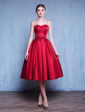 Beautiful Party Dresses 2116 Sweetheart Ruffle Burgundy Satin Tea Length Dress