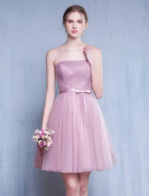 Bruidsmeisjes Jurken 2016 Strapless Ruche Roze Tule Korte Jurk
