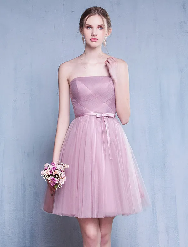 Bridesmaid Dresses 2016 Strapless Ruffle Pink Tulle Short Dress