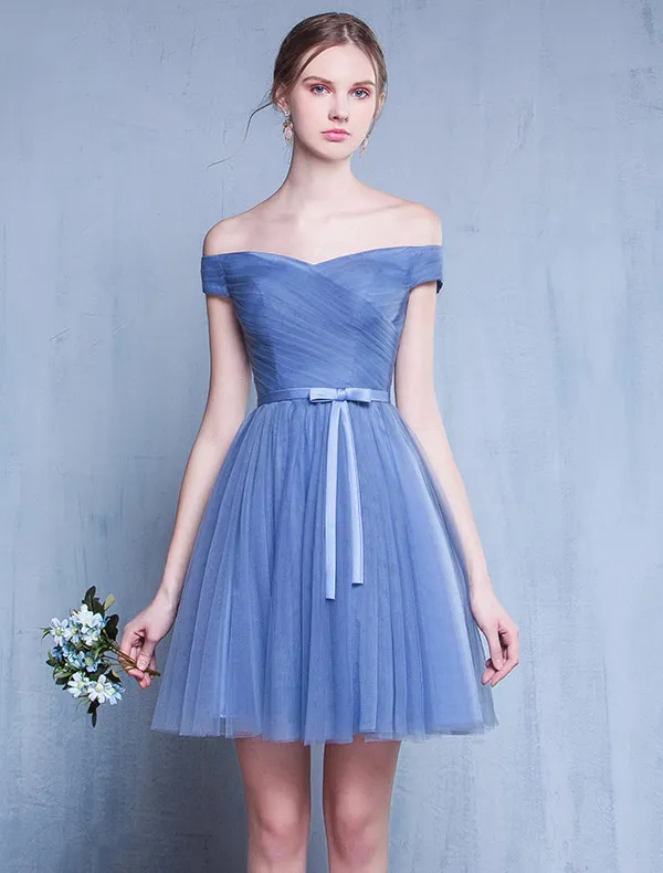 Bridesmaid Dresses 2016 Off The Shoulder Ruffle Blue Tulle Short Dress