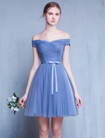 Bridesmaid Dresses 2016 Off The Shoulder Ruffle Blue Tulle Short Dress