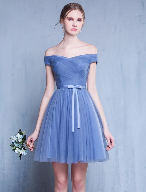 Robe De Demoiselle D'honneur 2016 De L'épaule À Volants En Tulle Bleu Robe Courte
