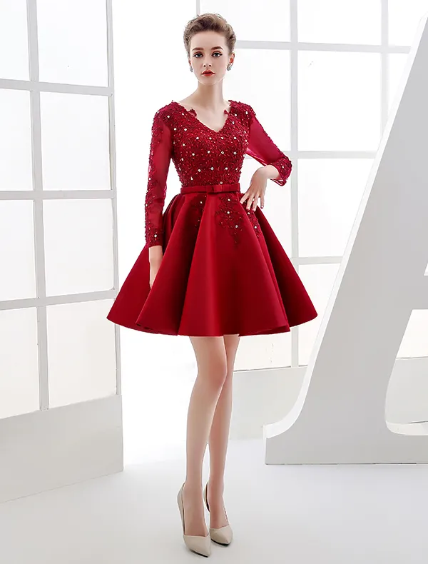 Elegant Party Dresses 2016 V-neck Sequin Applique Lace Burgundy Satin Short Dress