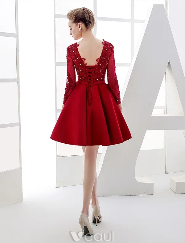 Elegant Party Dresses 2016 V-neck Sequin Applique Lace Burgundy Satin Short Dress